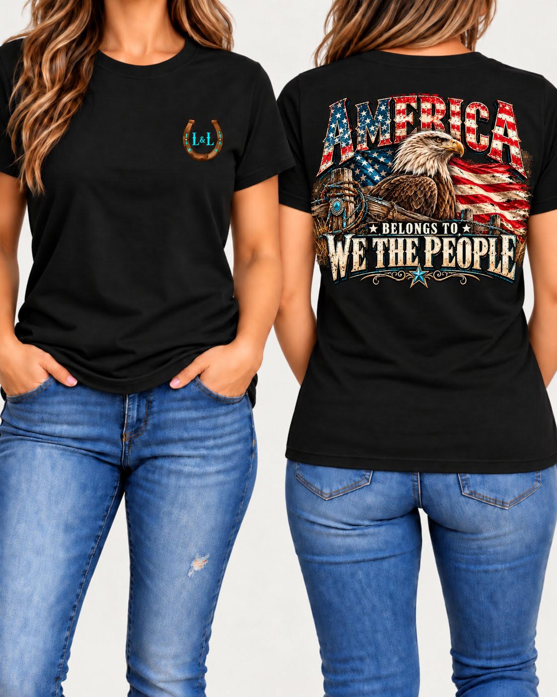 America Belongs to We the People women's tee in black front and back