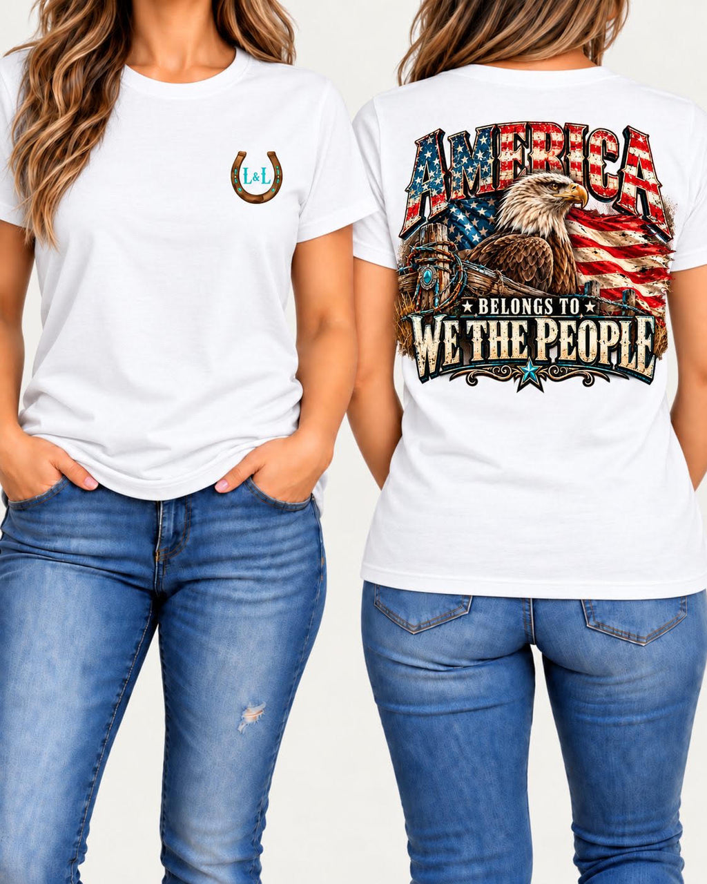America Belongs to We the People women's tee in white front and back