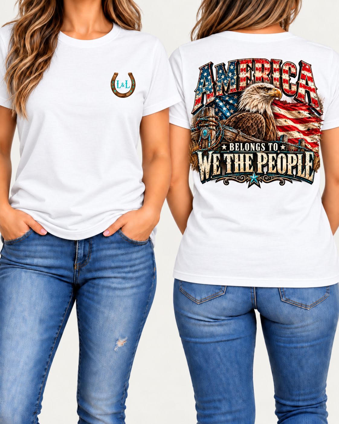America Belongs to We the People women's tee in white front and back
