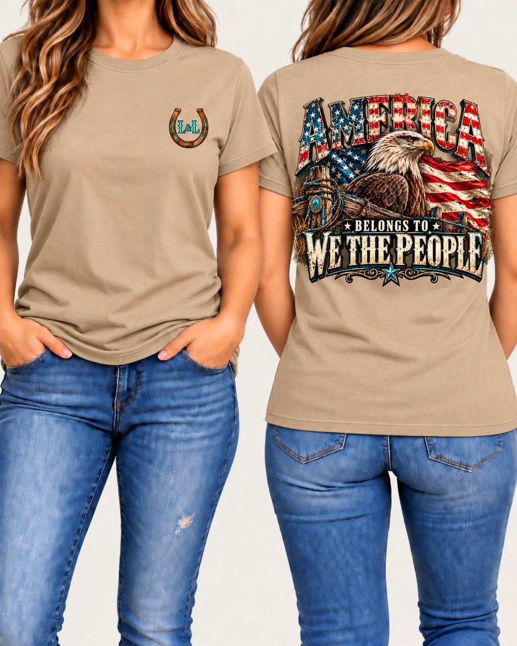 America Belongs to We the People women's tee in tan front and back