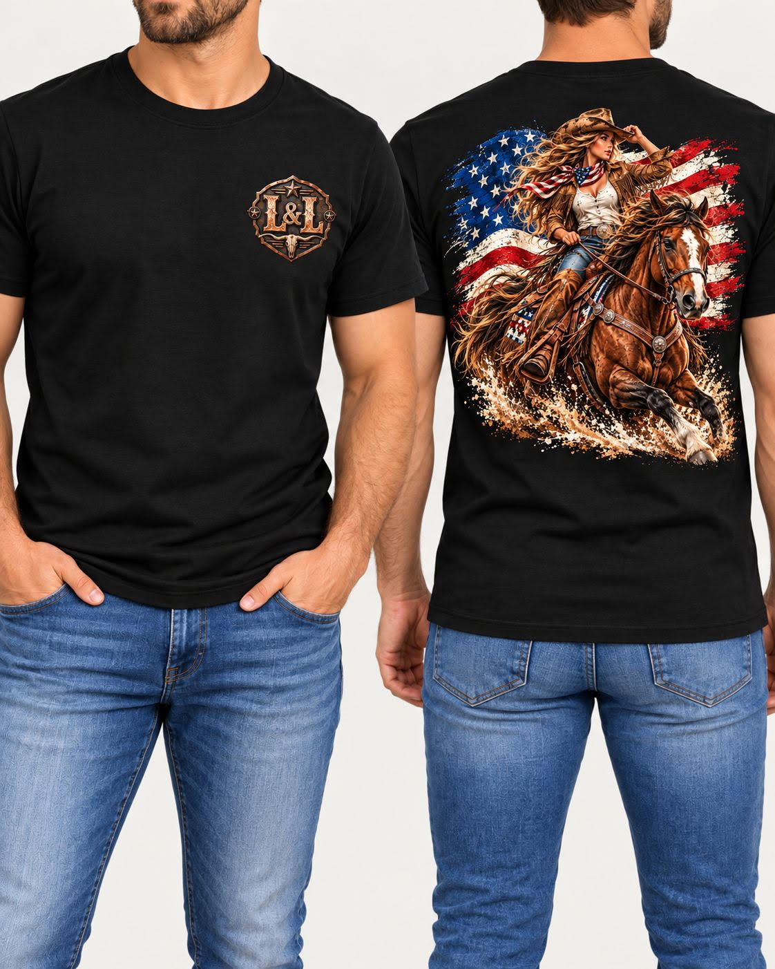 American Spirit men's tee in black front and back