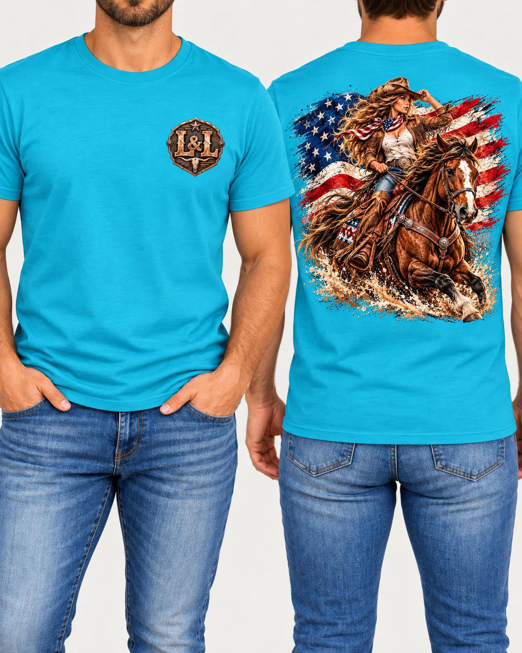 American Spirit men's tee in turquoise front and back