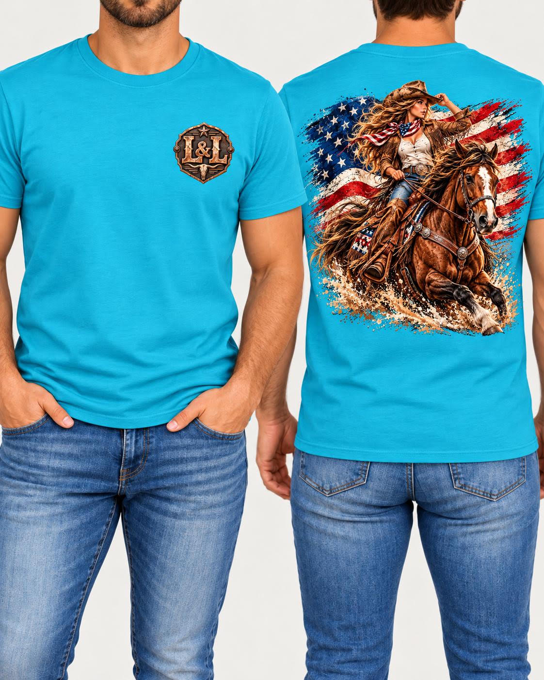 American Spirit men's tee in turquoise front and back