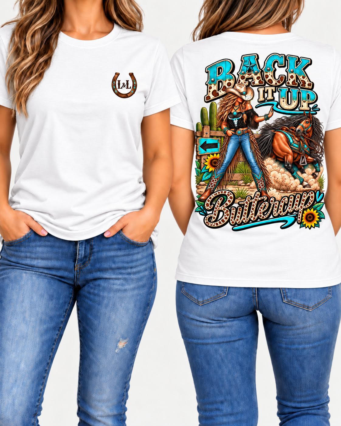 Back It Up Buttercup - White, front and back view