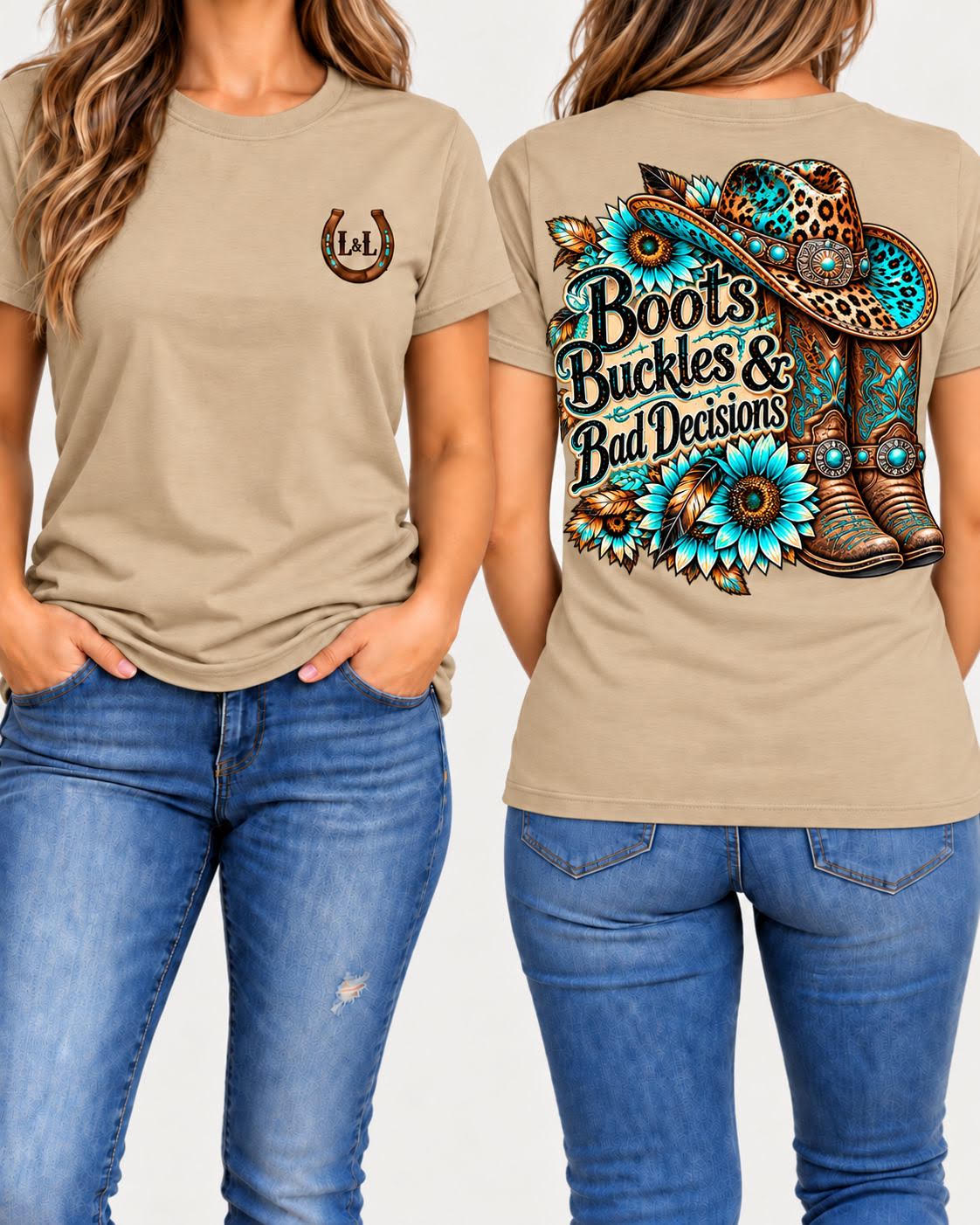 Boots, Buckles & Bad Decisions - Tan, front and back view