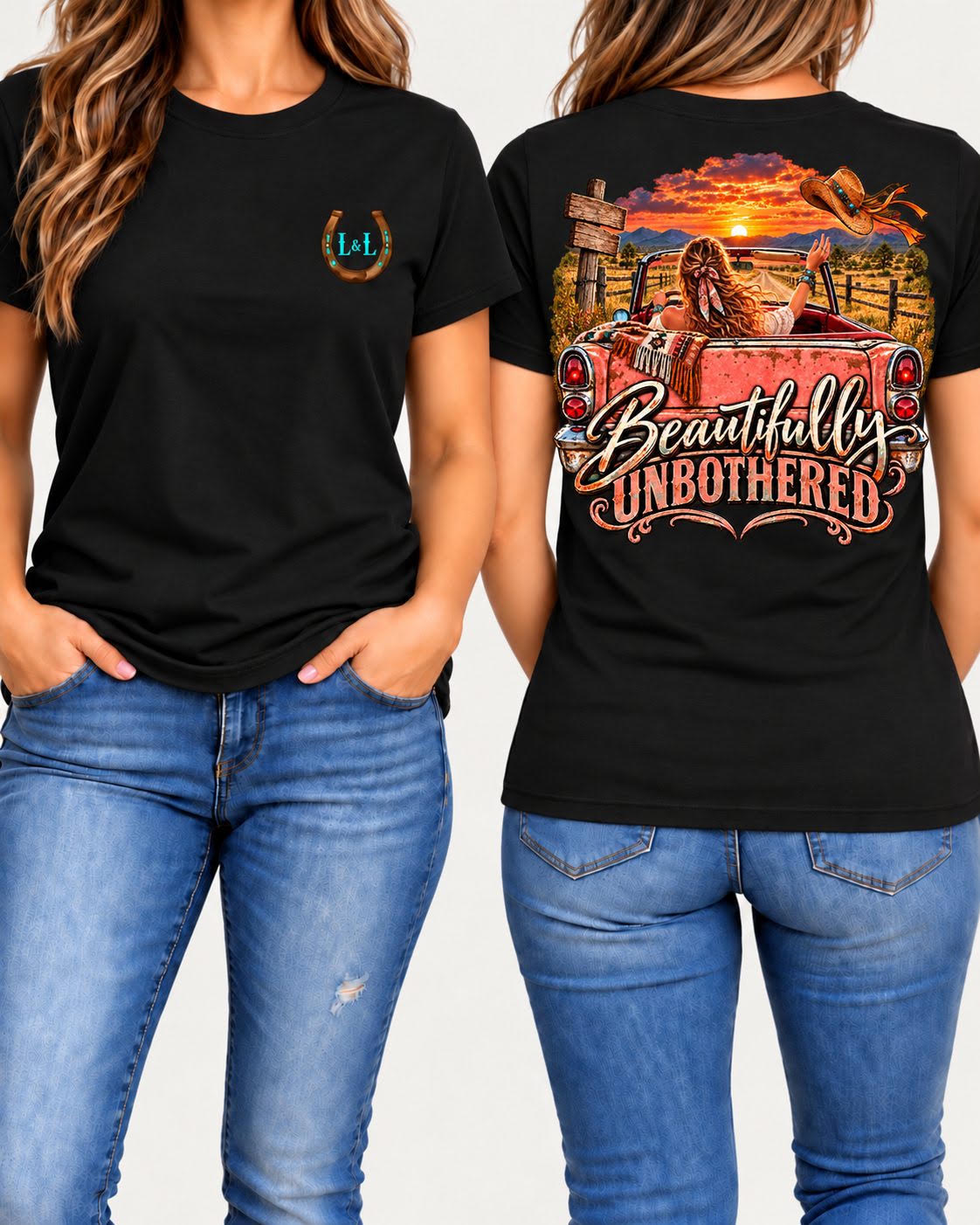 Beautifully Unbothered tee in black front and back