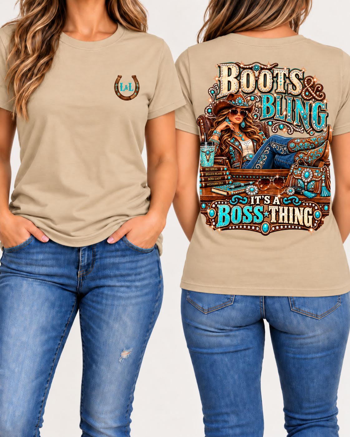 Boots and Bling It's a Boss Thing tee in tan front and back