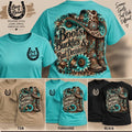Boots, Buckles & Bad Decisions T-Shirt - Tan, Turquoise, and Black