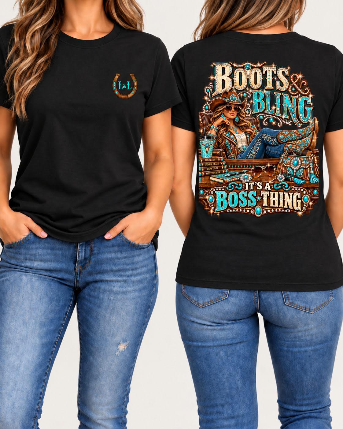 Boots and Bling It's a Boss Thing tee in black front and back
