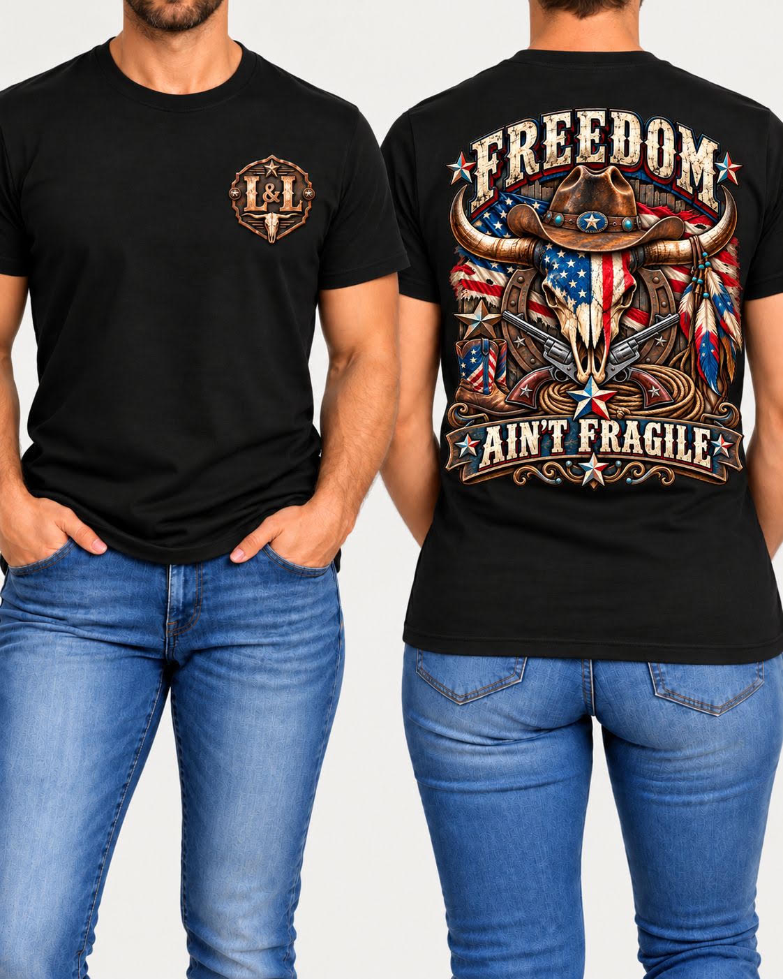 Freedom Ain't Fragile tee in black front and back