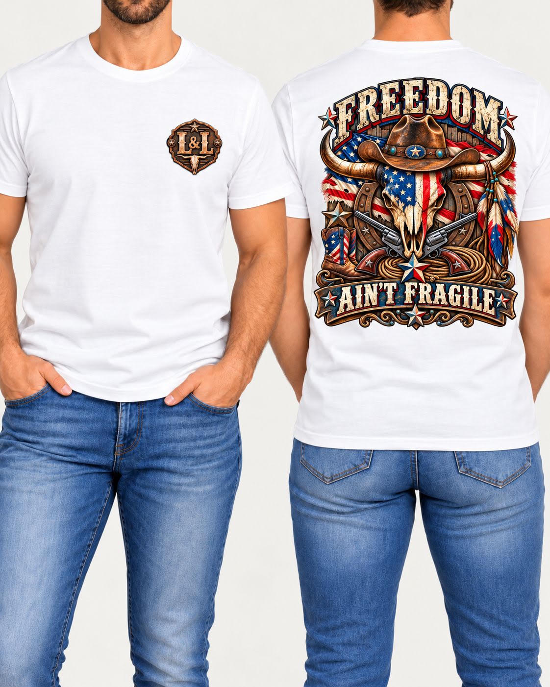 Freedom Ain't Fragile tee in white front and back