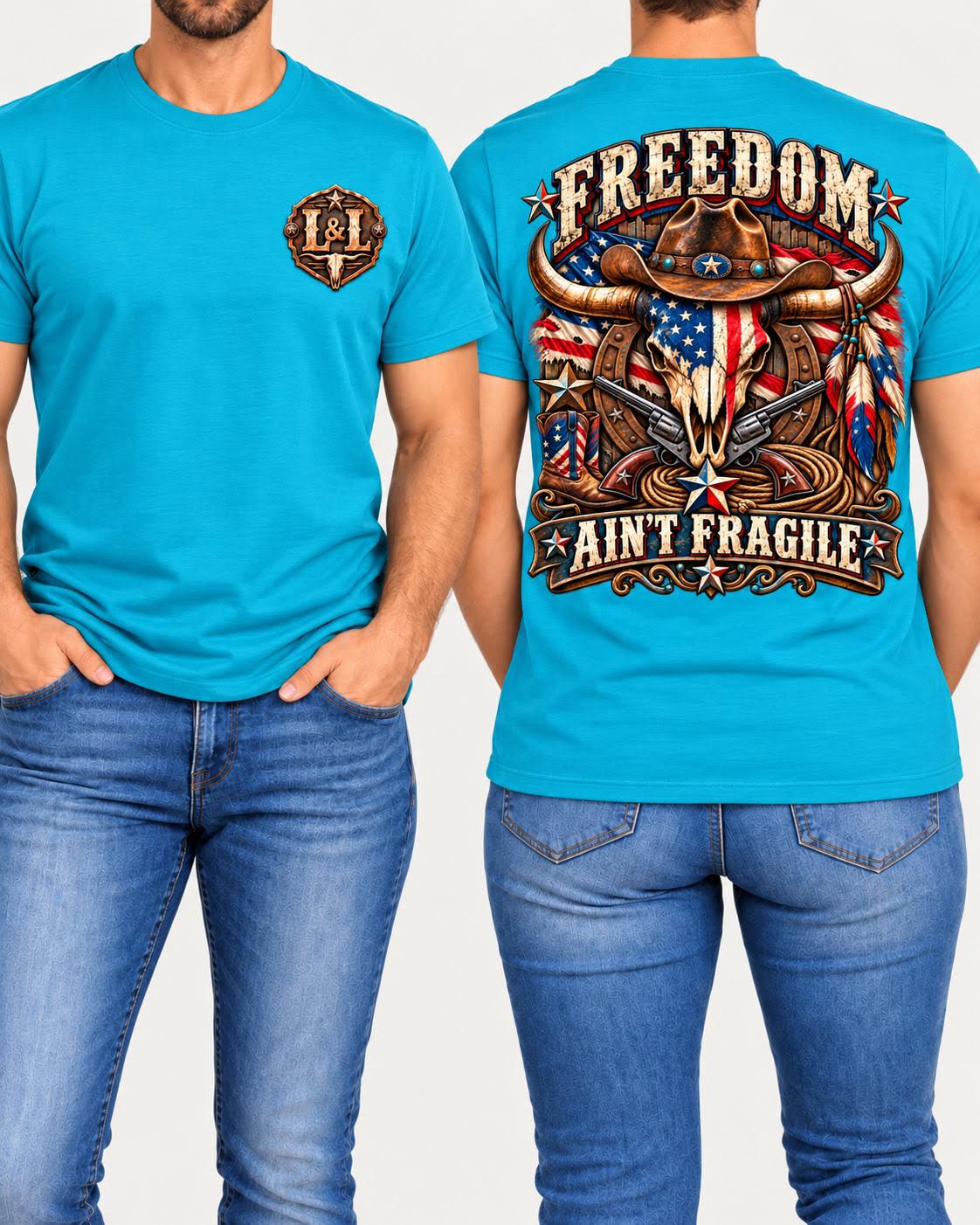 Freedom Ain't Fragile tee in turquoise front and back