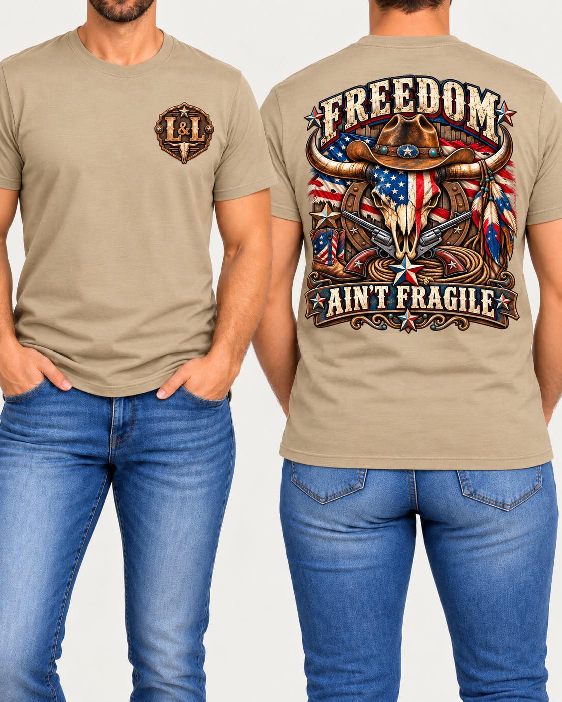 Freedom Ain't Fragile tee in tan front and back