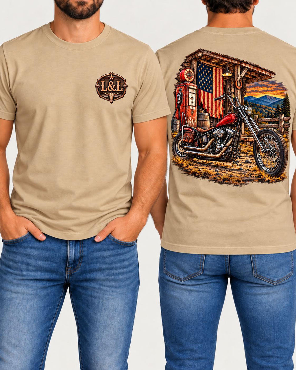 Freedom Fueled men's tee in tan front and back