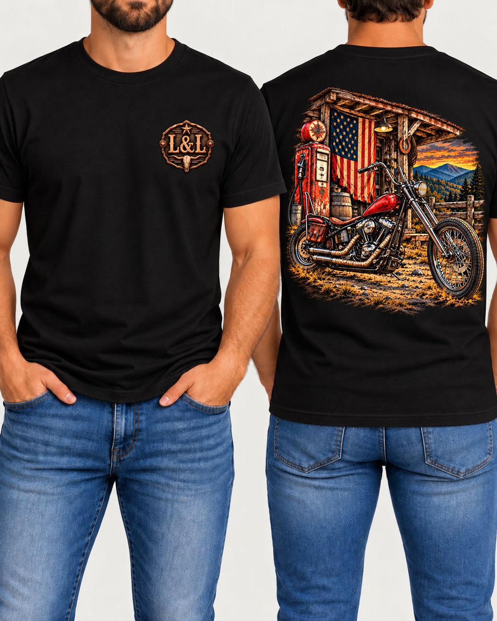 Freedom Fueled men's tee in black front and back