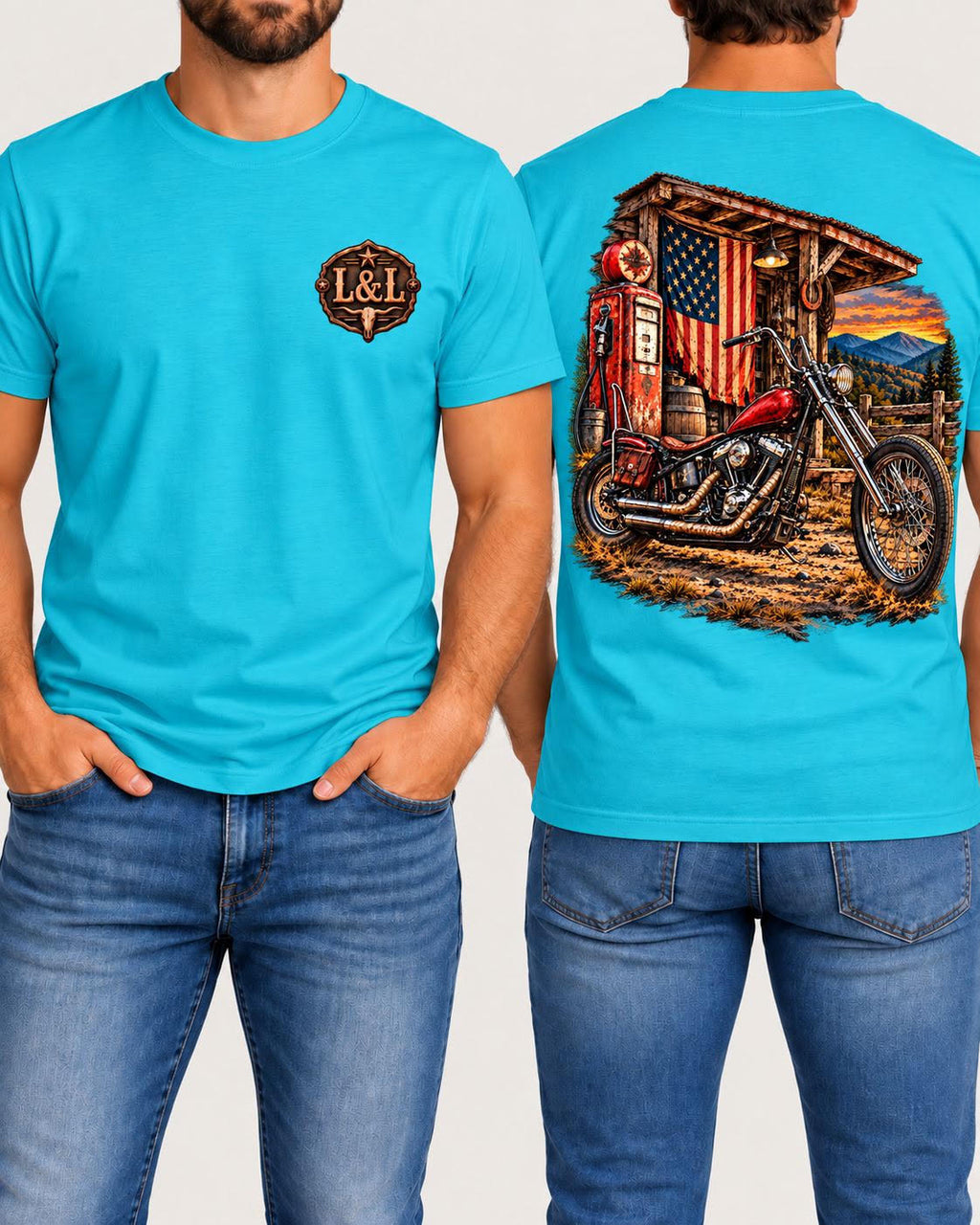 Freedom Fueled men's tee in turquoise front and back