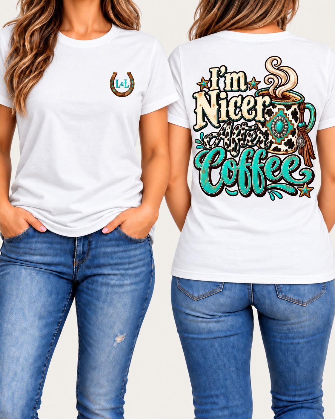 I'm Nicer After Coffee tee in white front and back