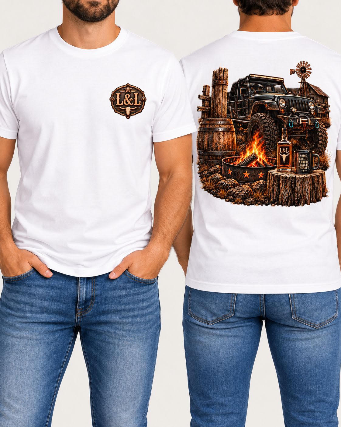 Jeep Therapy tee in white front and back