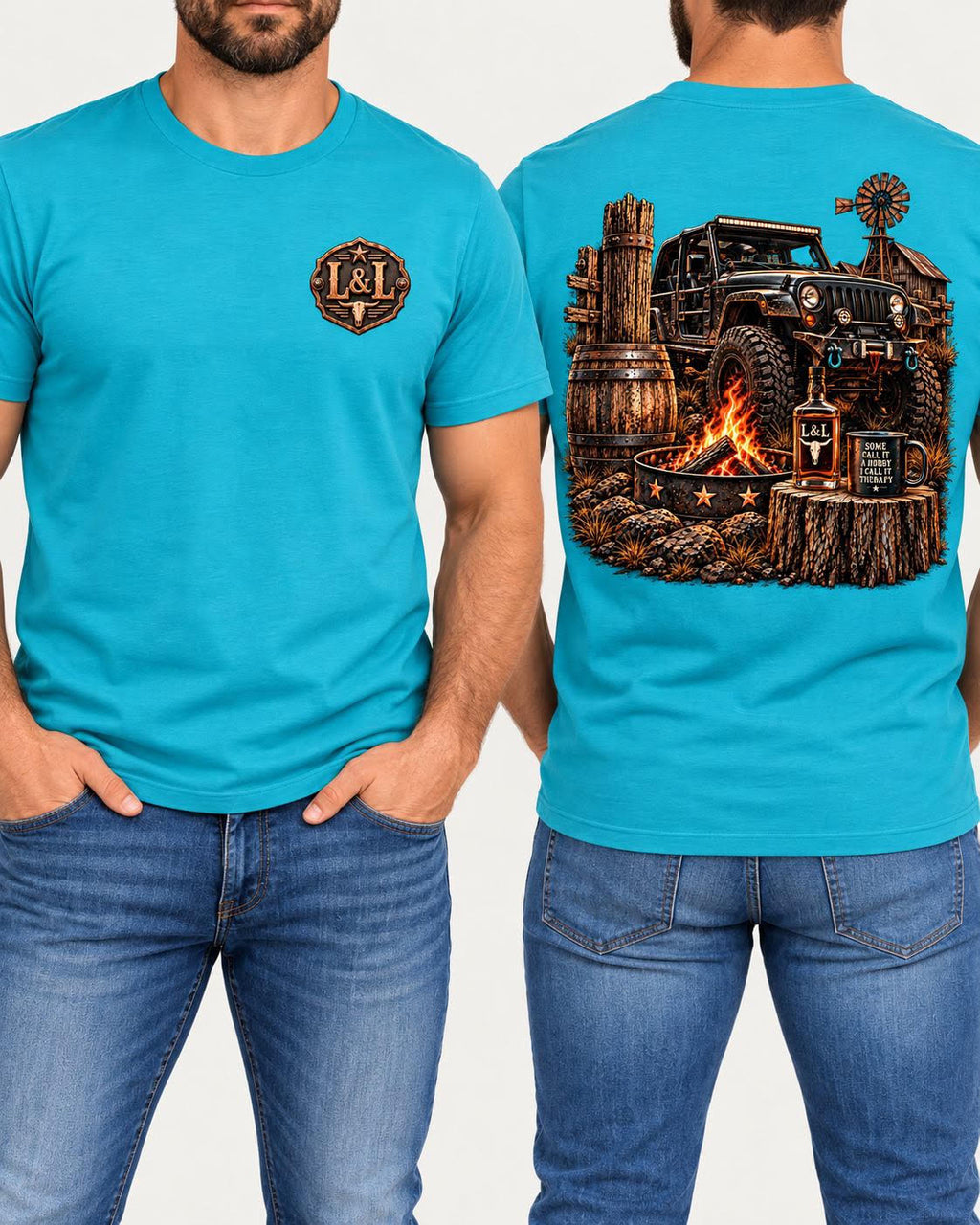 Jeep Therapy tee in turquoise front and back