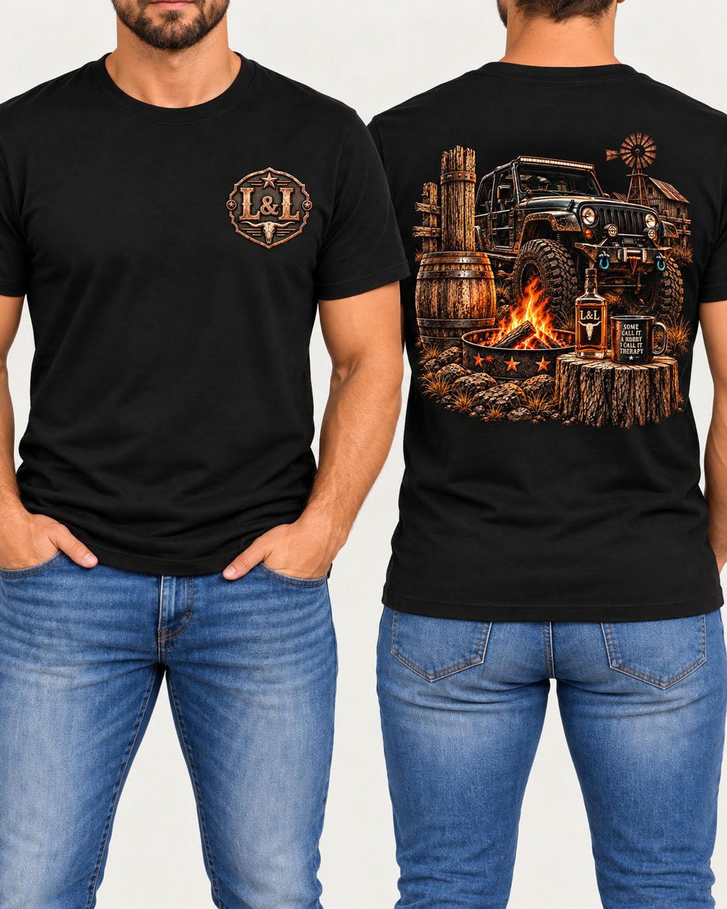Jeep Therapy tee in black front and back