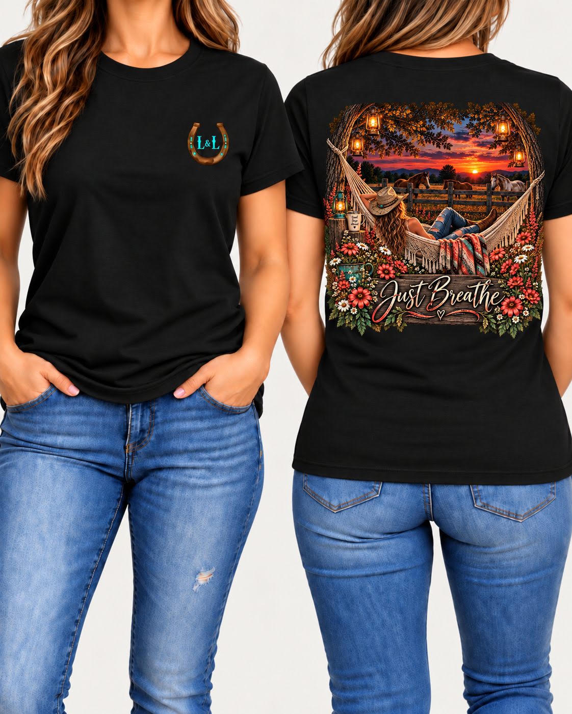 Just Breathe tee in black front and back