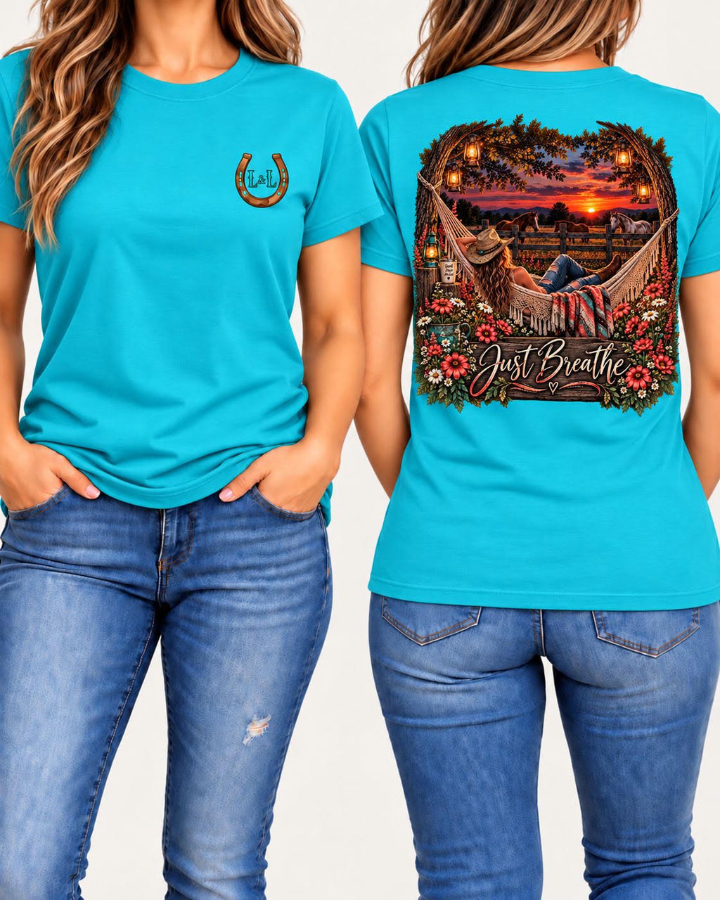 Just Breathe tee in turquoise front and back