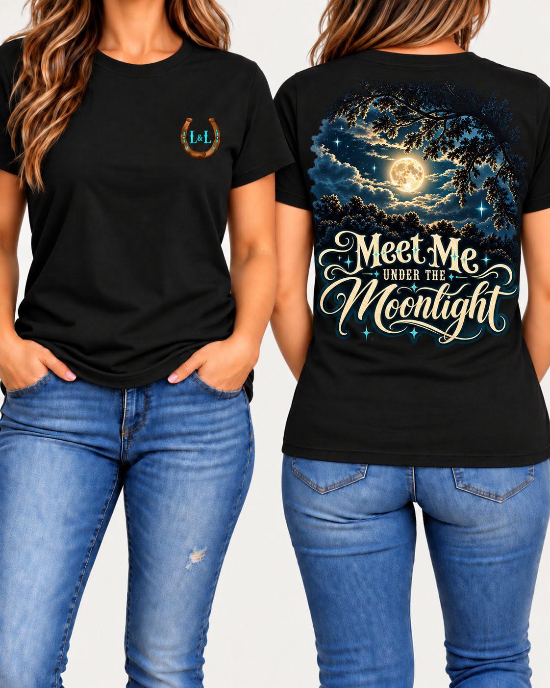Meet Me Under the Moonlight tee in black front and back