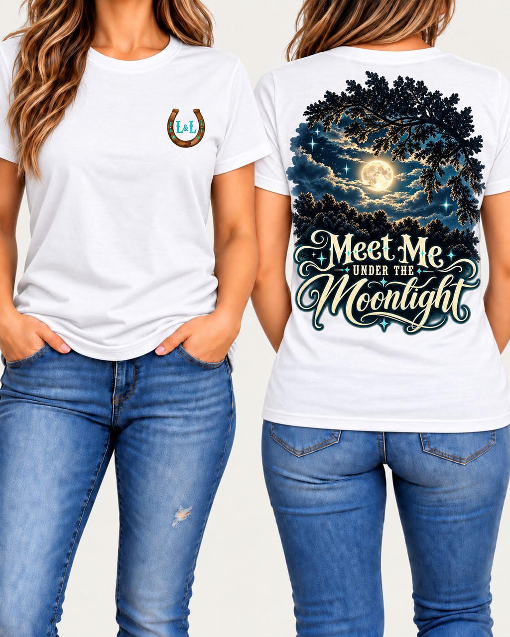 Meet Me Under the Moonlight tee in white front and back