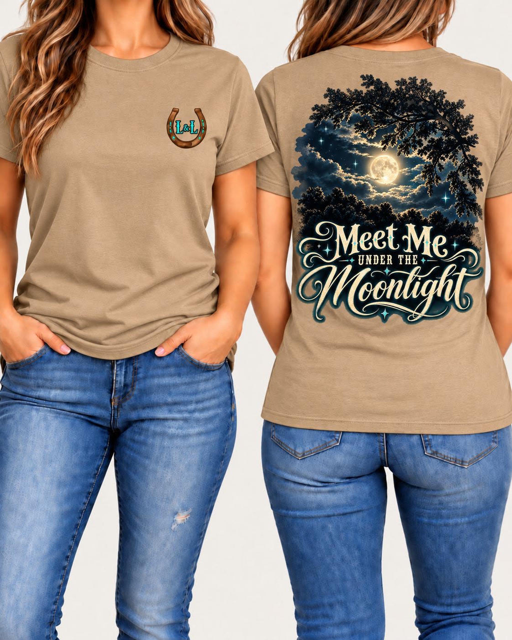 Meet Me Under the Moonlight tee in tan front and back