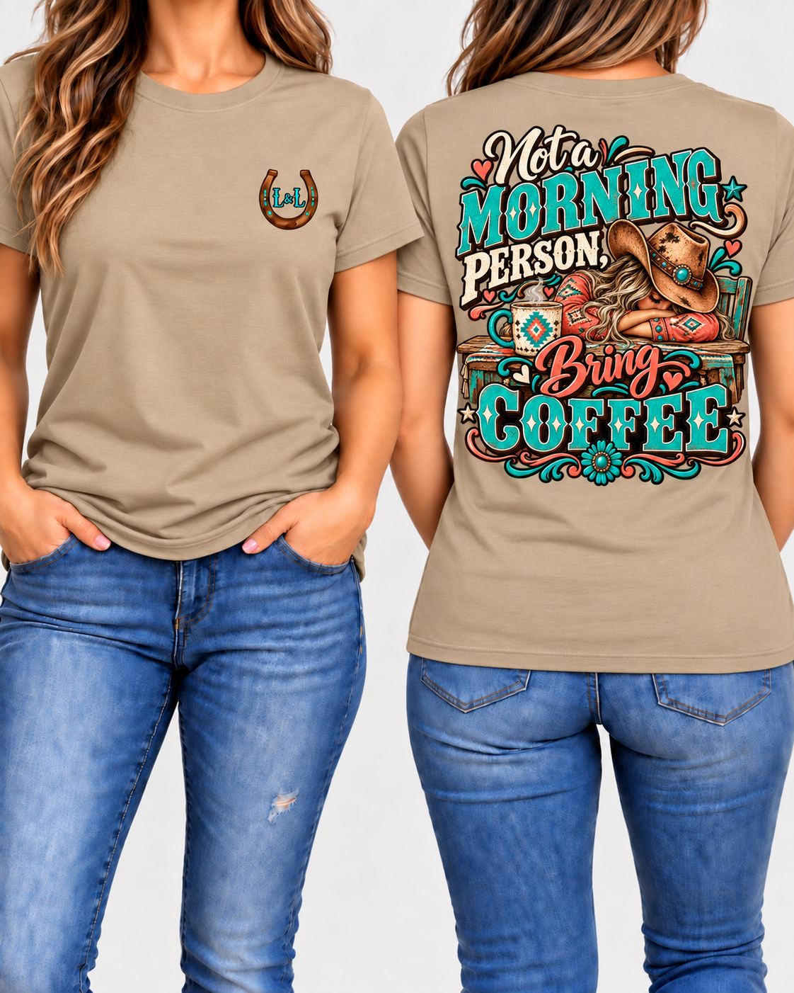 Not a Morning Person Bring Coffee tee in tan front and back