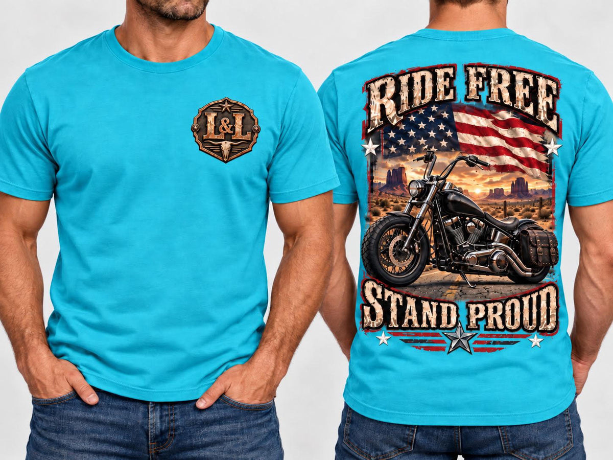 Ride Free Stand Proud - Turquoise, front and back view