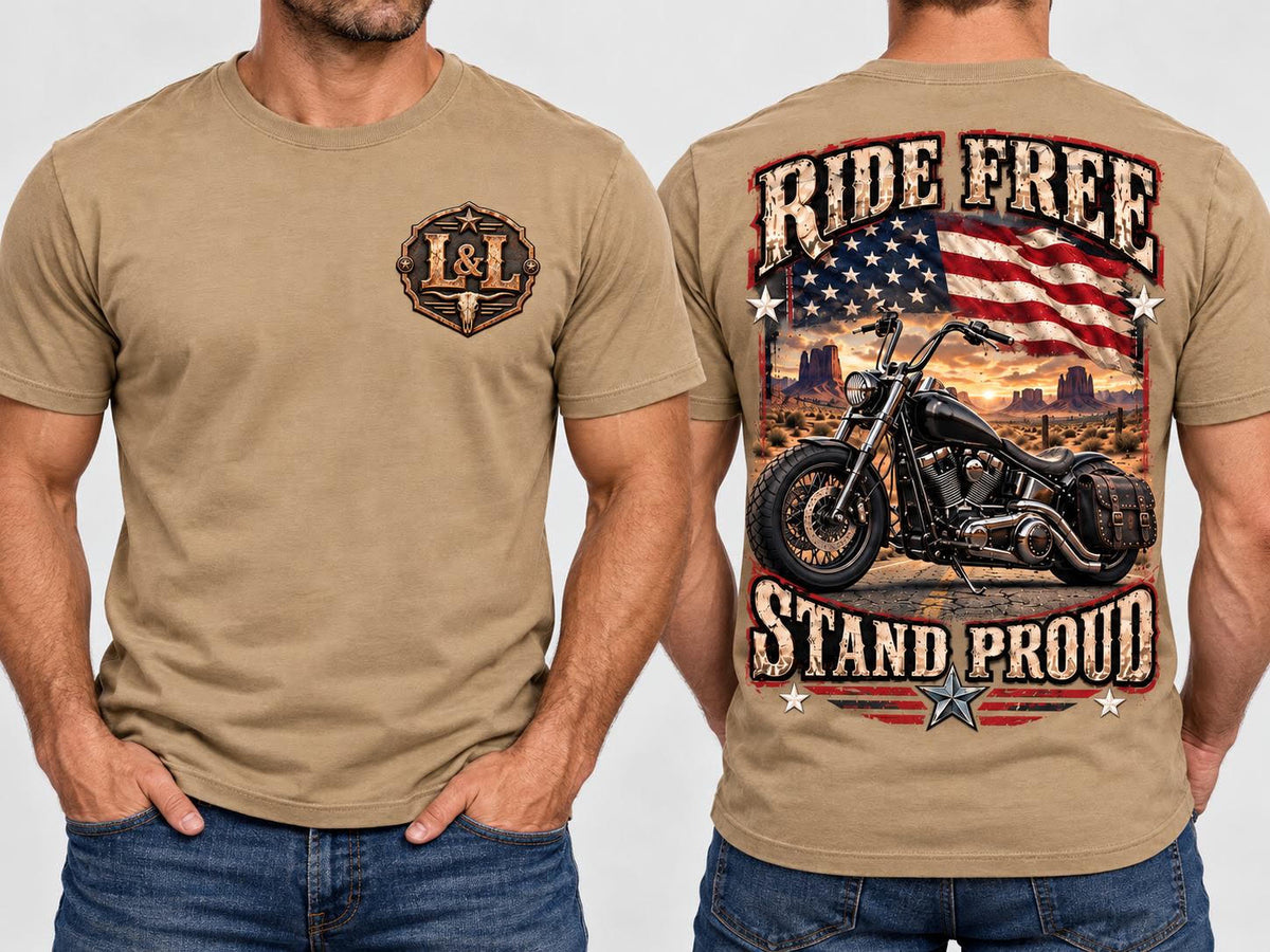 Ride Free Stand Proud - Tan, front and back view