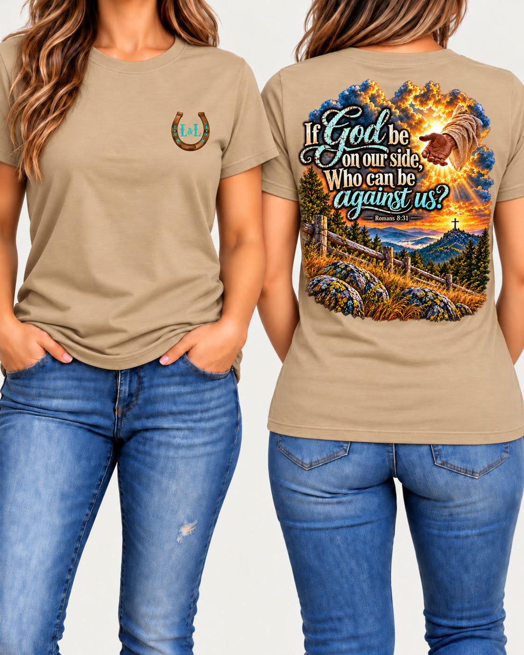 Romans 8:31 tee in tan front and back