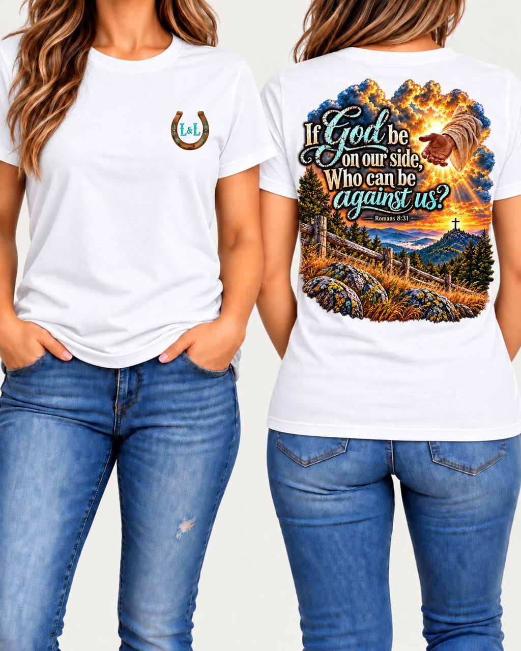 Romans 8:31 tee in white front and back