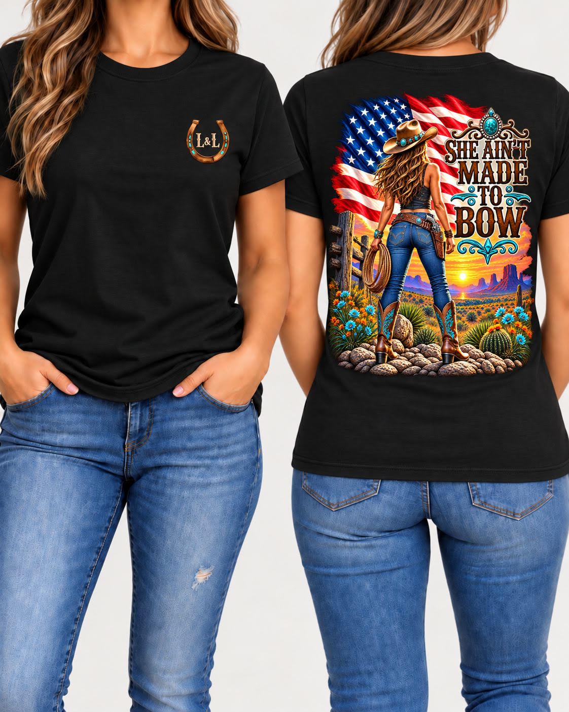 She Ain't Made to Bow - Black, front and back view