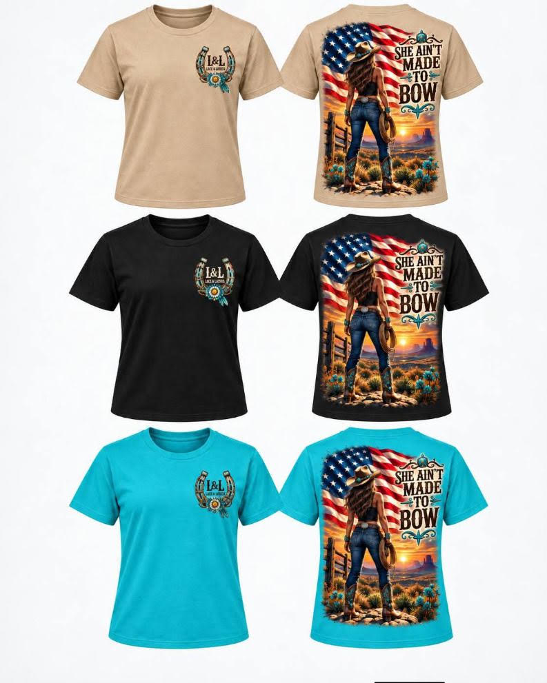 She Ain't Made to Bow Short Sleeve T-Shirt - Tan, Black, Turquoise