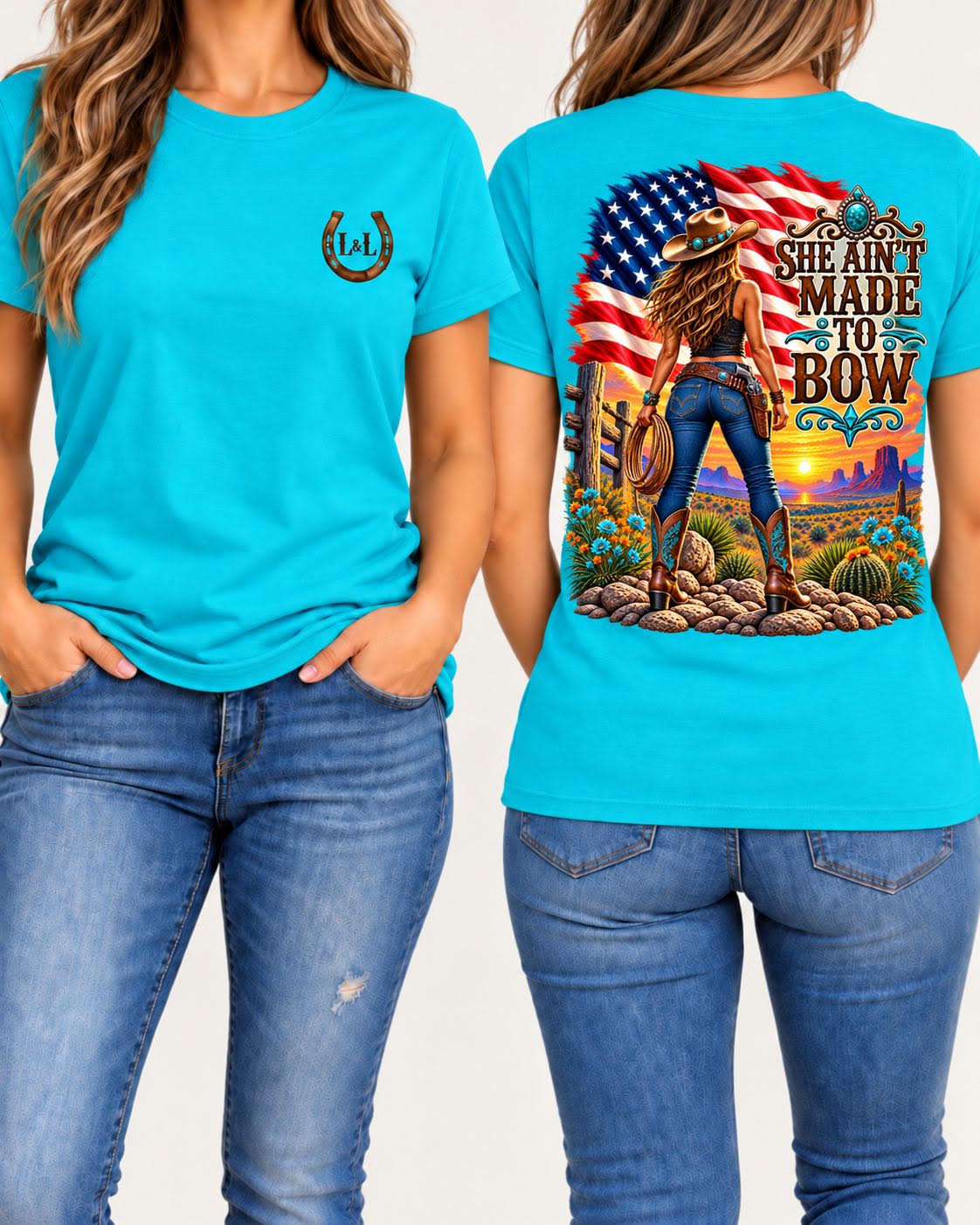 She Ain't Made to Bow - Turquoise, front and back view