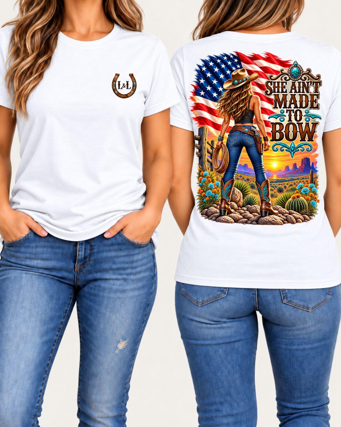 She Ain't Made to Bow - White, front and back view