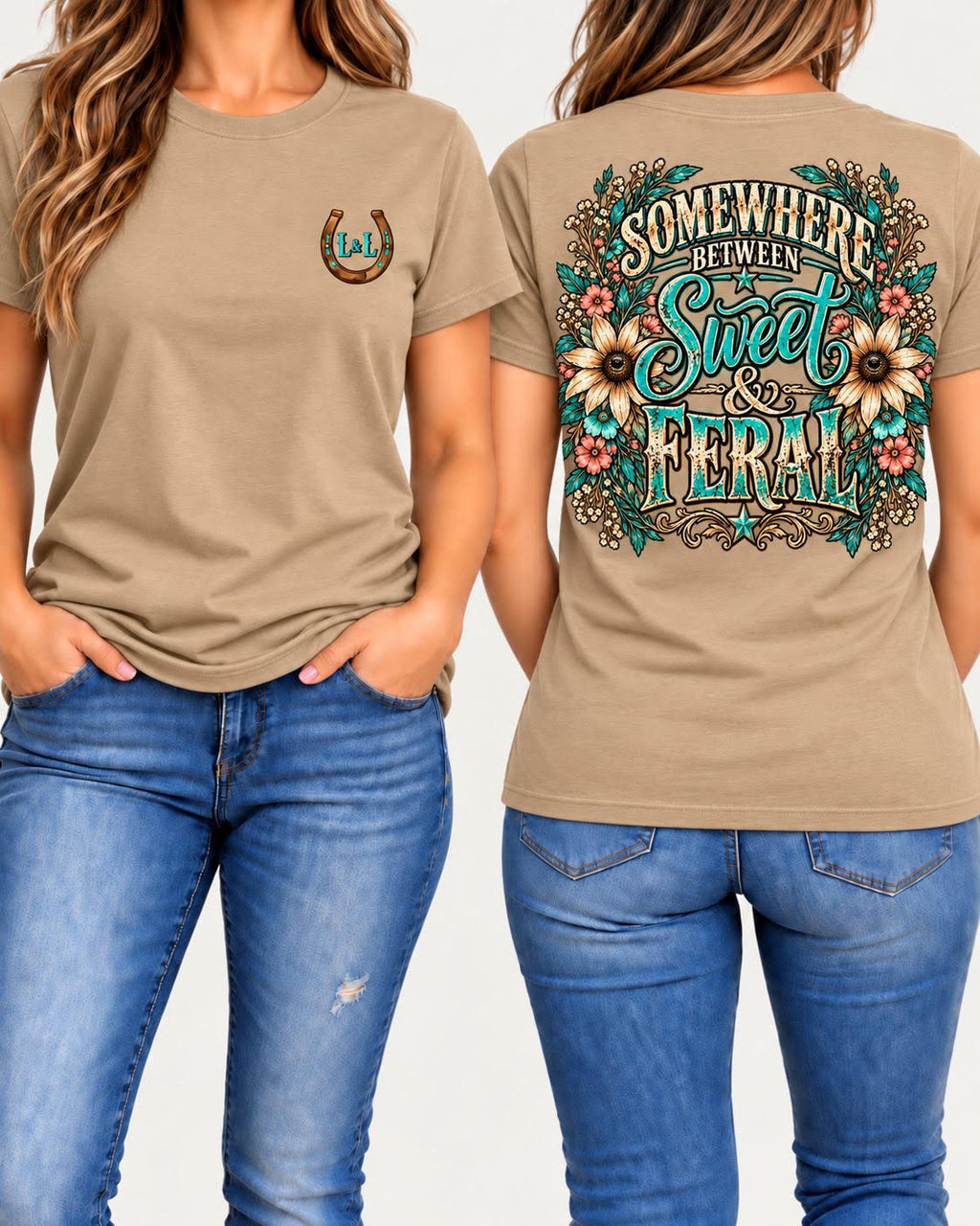 Somewhere Between Sweet & Feral tee in tan front and back