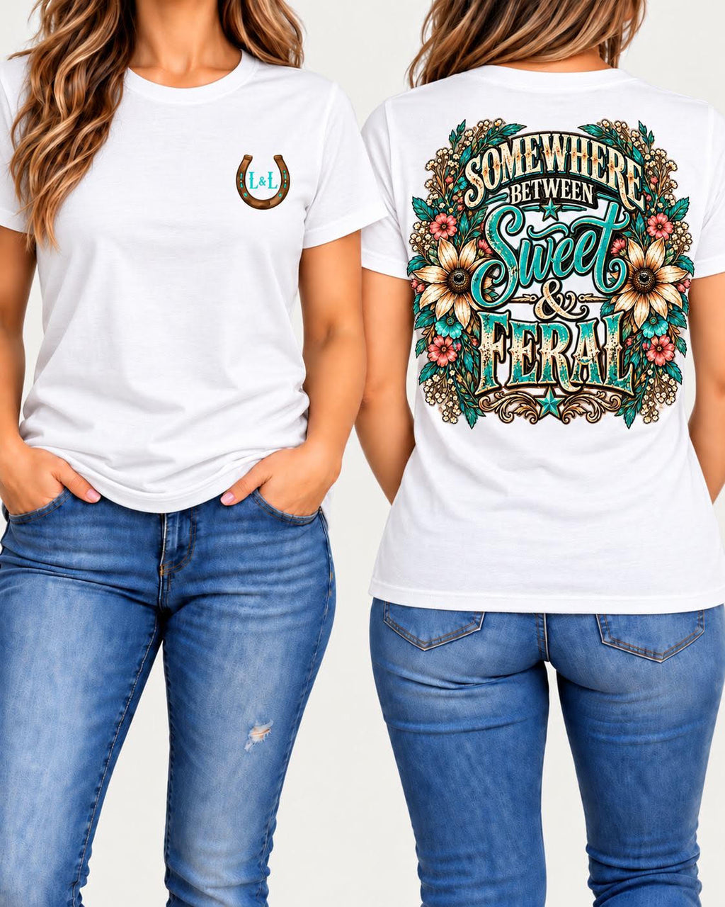 Somewhere Between Sweet & Feral tee in white front and back