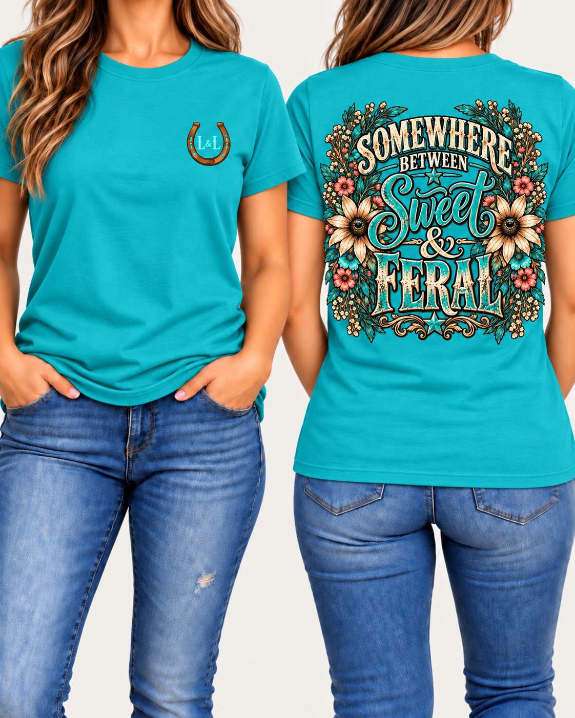 Somewhere Between Sweet & Feral tee in turquoise front and back