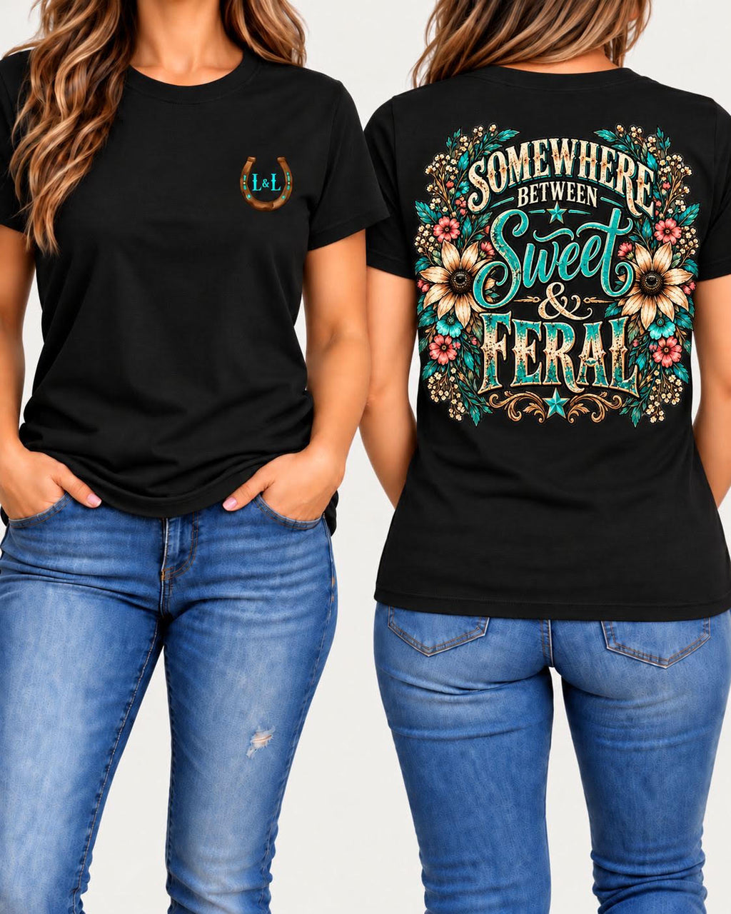 Somewhere Between Sweet & Feral tee in black front and back