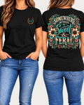 Somewhere Between Sweet & Feral tee in black front and back