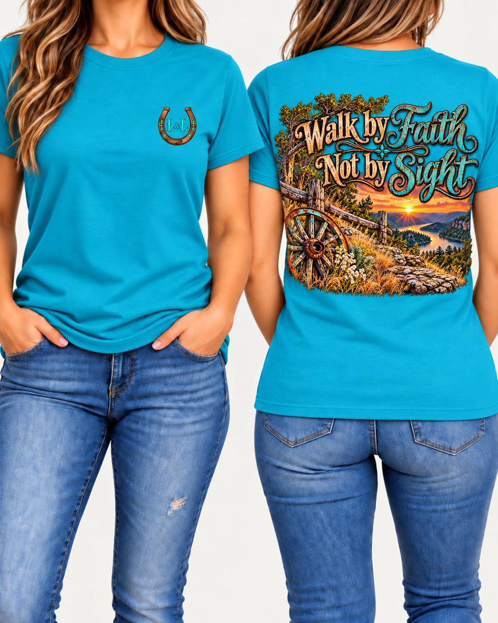 Walk by Faith tee in turquoise front and back