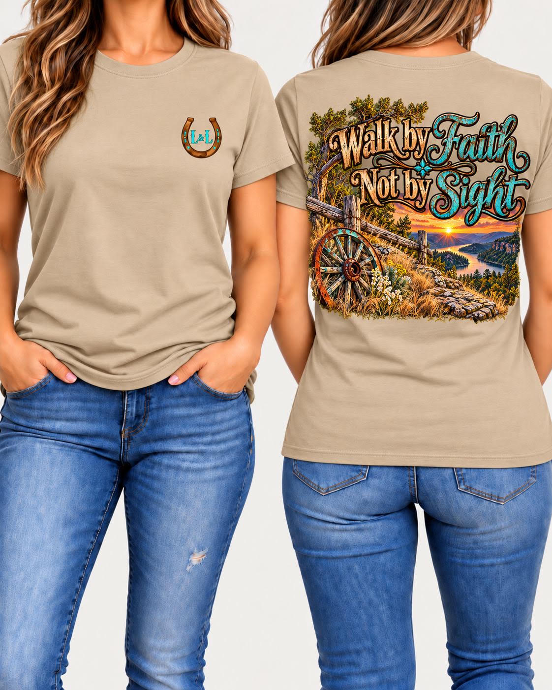 Walk by Faith tee in tan front and back