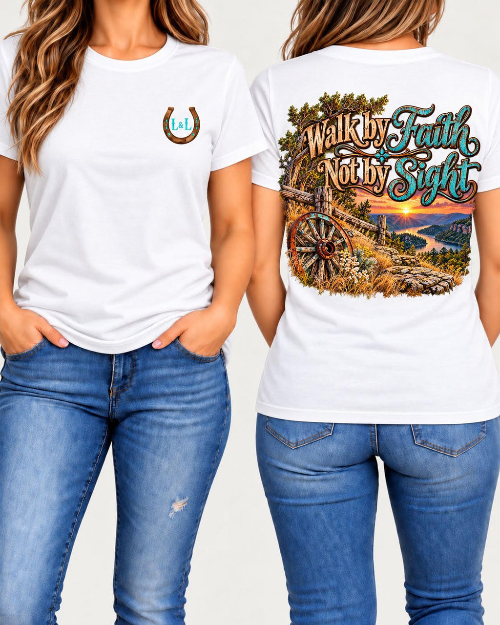 Walk by Faith tee in white front and back