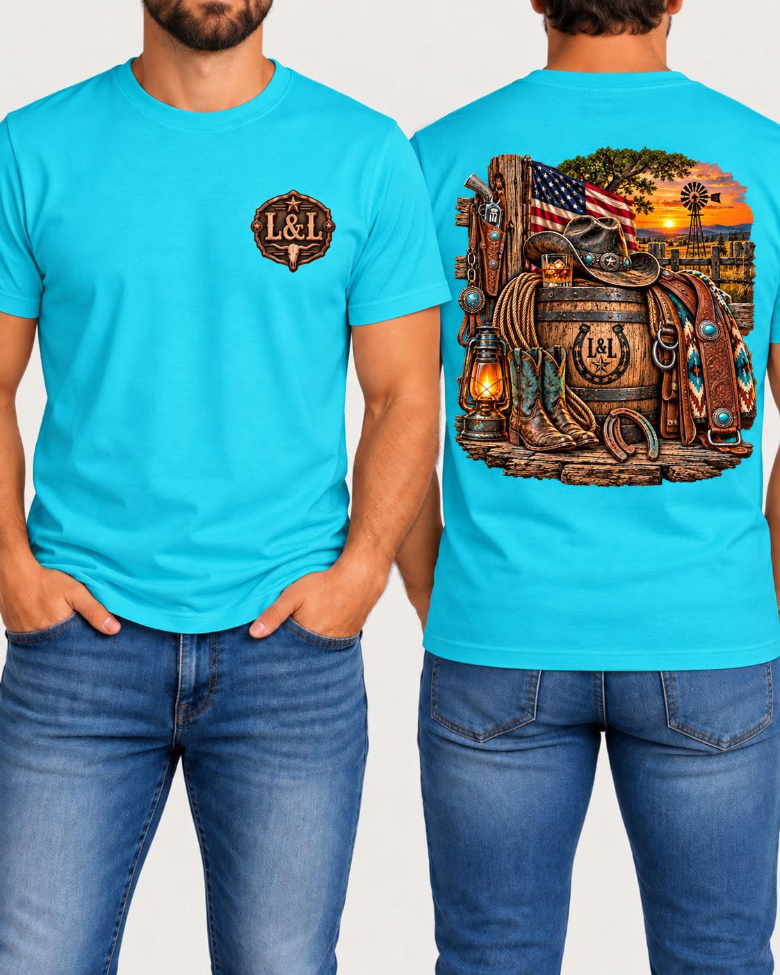 Whiskey Sippin & Tennessee Livin men's tee in turquoise front and back