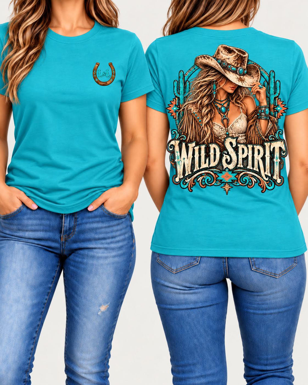Wild Spirit tee in turquoise front and back